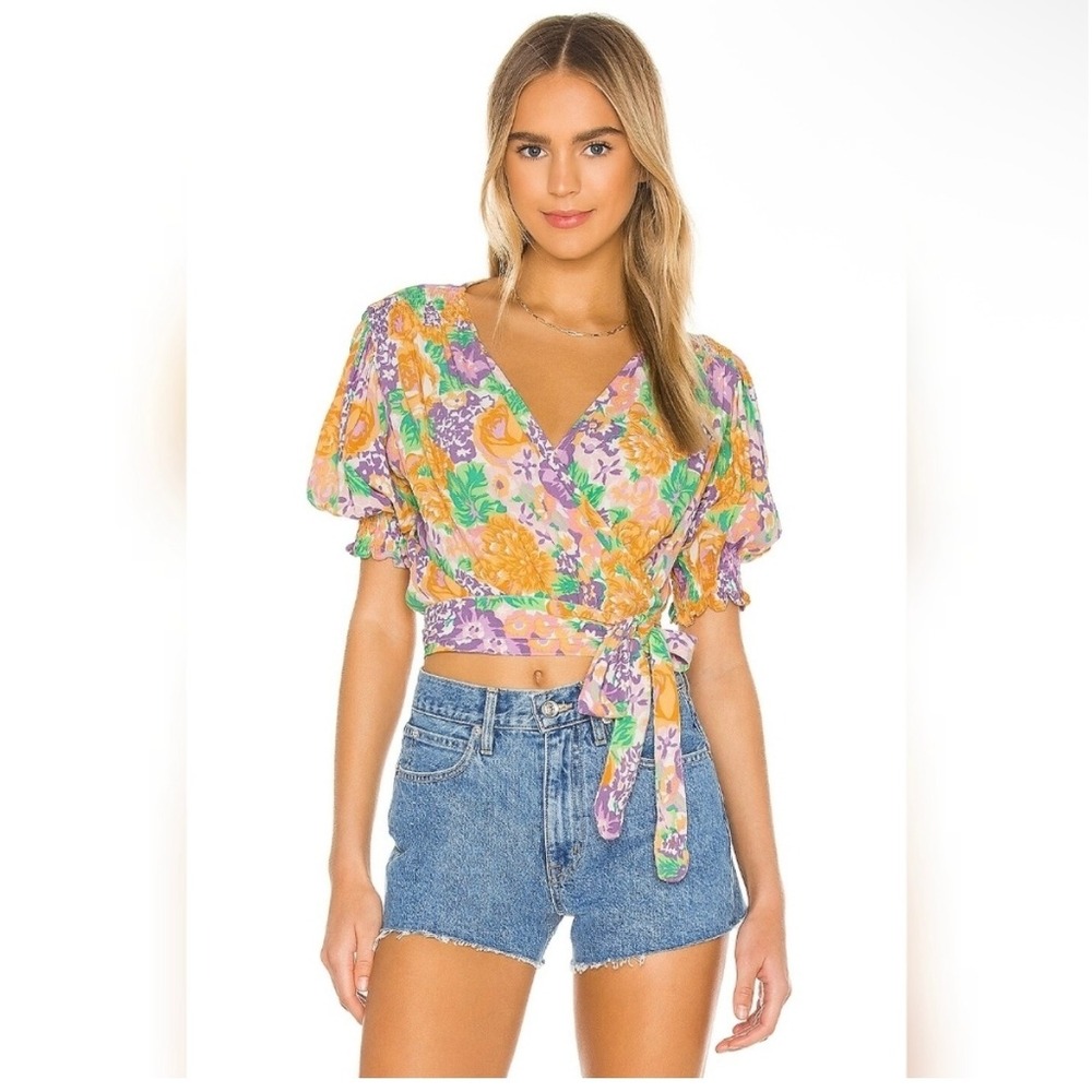 Faithfull the Brand La Colle Top in Ade Floral Print Size 8 Cropped Wrap Rayon